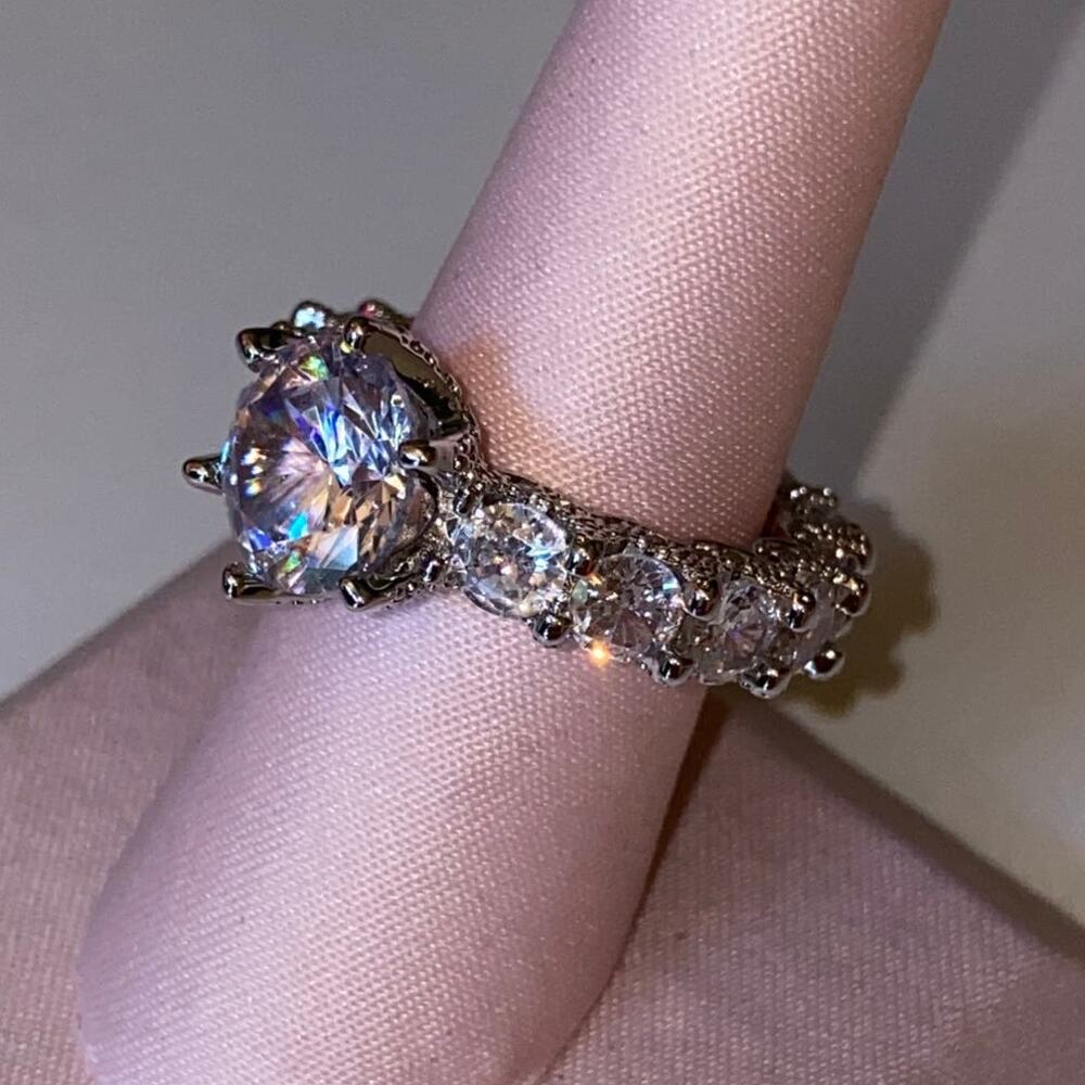 New‎ - Size 7 Clear White Round CZ Solitaire Ring Prong Band Silver Gemstone - Picture 2 of 5